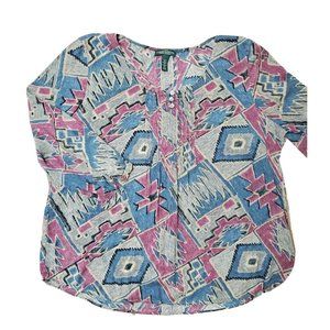 LRL Lauren Jeans Co. Ralph Lauren Women's L Top Gray Aztec Print Lightweight LS